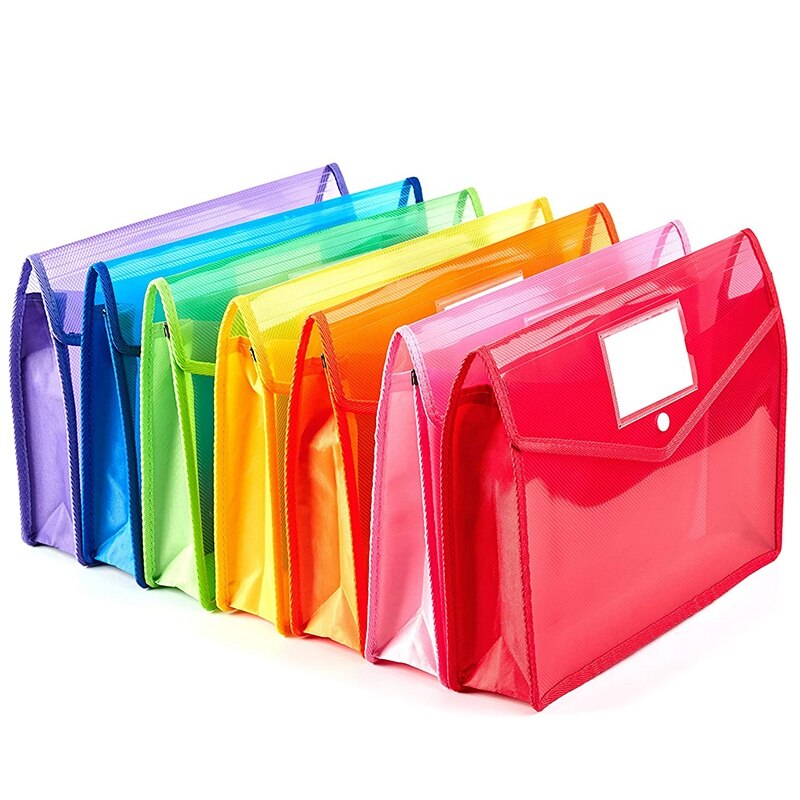 7 Pack A4 Plastic Wallet Folder Envelopes with Closure and Label Pocket, 2.8inch Expansion, for School Home Work Office