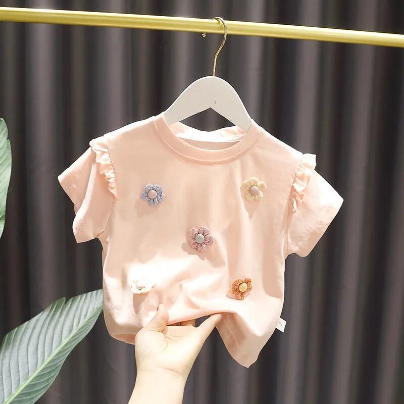 Ragazze di estate T-Shirt dei Nuovi bambini Del Bambino Sveglio Del Merletto a maniche corte Top Po &#39;Della Ragazza del Cotone Che Basa La Camicia: Colore rosa / 90CM 2T