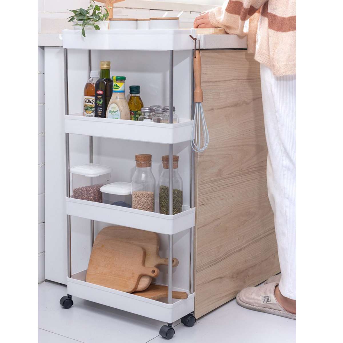 Kitchen Storage Rack Fridge Side Shelf Space Saving Organizer Movable Assemble Plastic Bathroom Organizer Shelf 3/4 Layer