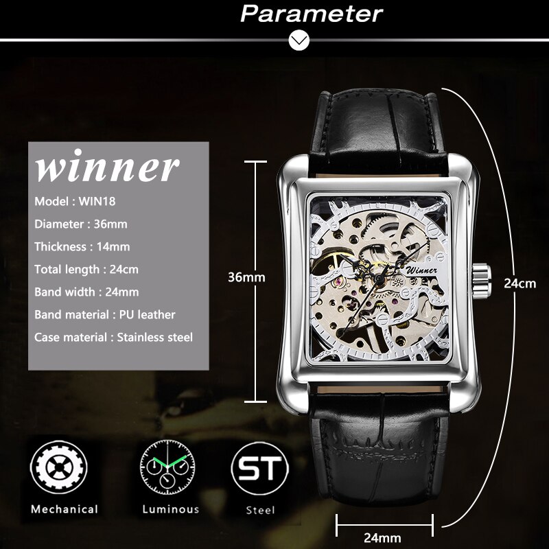 Winner Brand Watches Men Rectangle Mechanical Hand Wind Watches Male Golden Skeleton Dial Artificial Leather Wristwatches