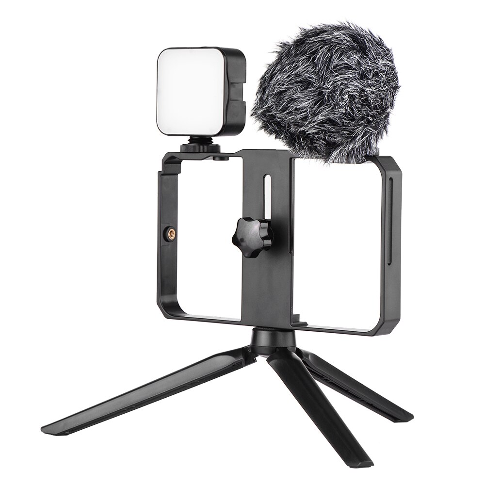 Andoer Smartphone Video Kooi Kit Inclusief Mini Led Vullen Lichten + Mini Microfoon Met Shock Mount Wind Screen Voor Telefoon video: with tripod