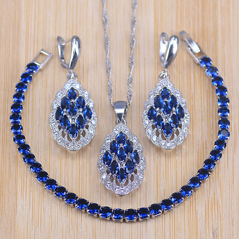 Blue Zircon Bridal Zilver Kleur Sieraden Sets Vrouwen Blad Hanger &amp; Ketting Oorbel Met Natuurlijke Stenen Armbanden Sieraden Geschenkdoos
