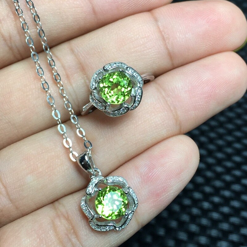 KJJEAXCMY gioielli Peridoto Naturale delle Donne Del Pendente + impostato di Anelli in Argento sterlina intarsio