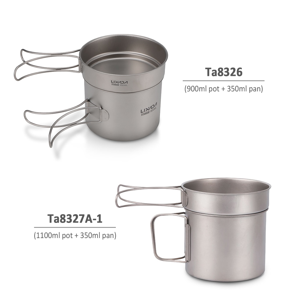 Lixada Ultralight Titanium Cookset Outdoor Camping Cookware Set 900ml Pot 350ml Fry Pan with Folding Handles Camping Equipment