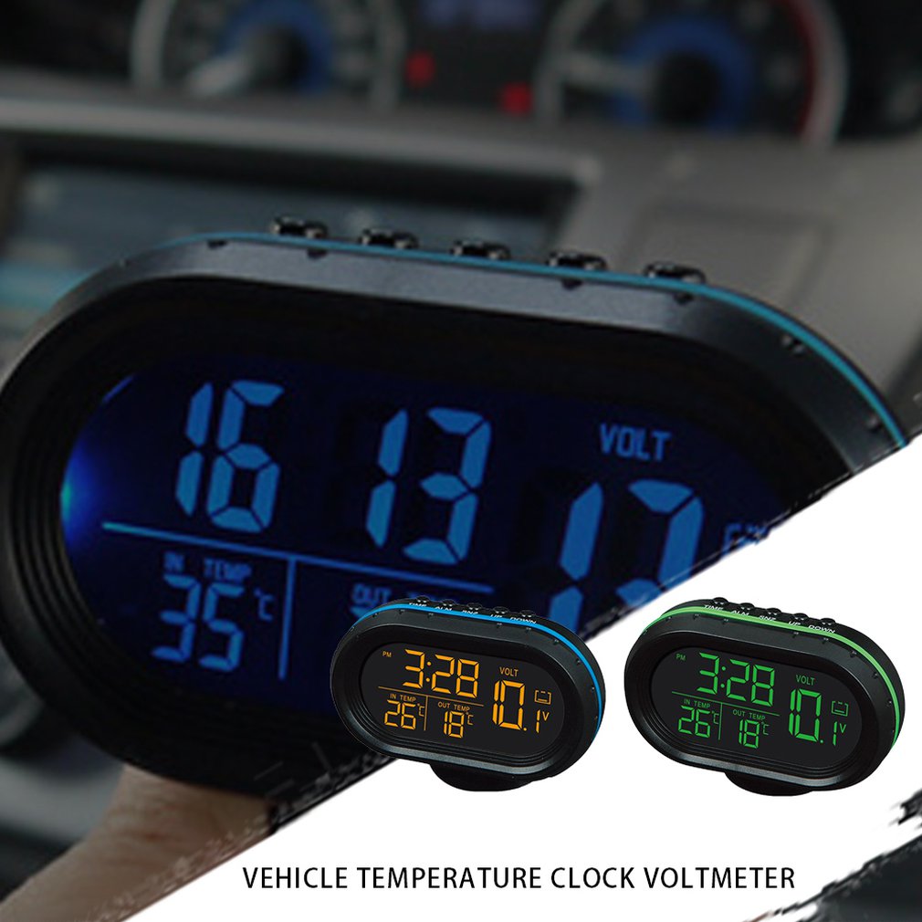 Multi-function Vehicle Car Temperature Clock Voltmeter Car Thermometer Electronic Clock Car Night Light Clock Supplies 2 Colors