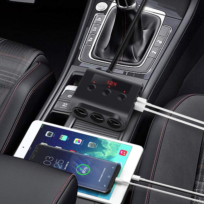 Car Cigarette Lighter Adapter, 100W 12V/24V Car Charger with 4 USB Ports and 3 Sockets Cigarette Lighter Power Splitter, On/Off
