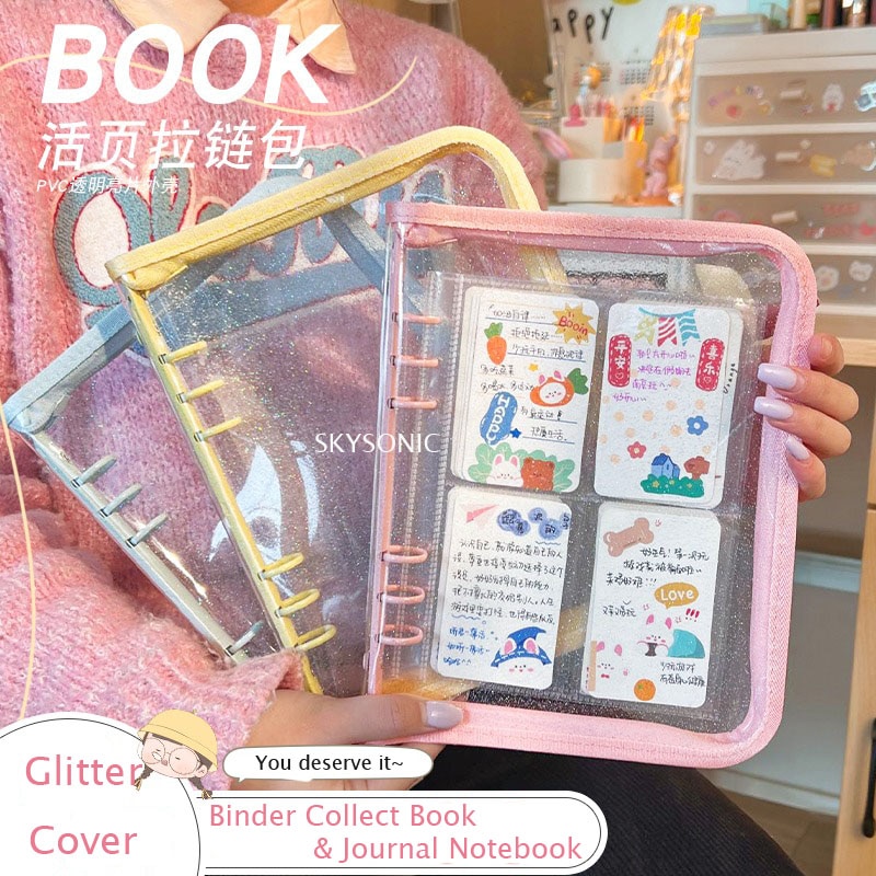 SKYSONIC, recién llegado, carpeta A5 con cremallera, libro para recoger, cubierta con purpurina, organizador, diario, cuaderno, bala, álbum de fotos transparente de PVC