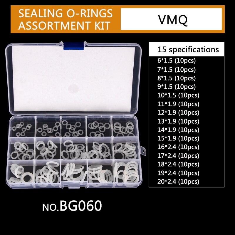 Silicone de Vedação O-anéis CS 1 milímetros 1.5 milímetros 1.9 milímetros 2.4 milímetros 3.1 milímetros OD VMQ Branco 6mm-35mm 15 Tamanhos Anéis O Substituições 94 Pçs/set BG024: BG060 x2