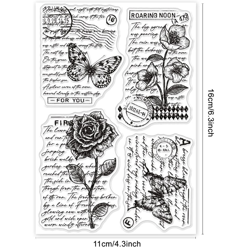 1 Vel Vintage Bloemen Duidelijke Stempel Art Woorden Transparante Siliconen Stempel Vlinder Rose Rubber Stempel voor Scrapbook Journal Card: WHITE