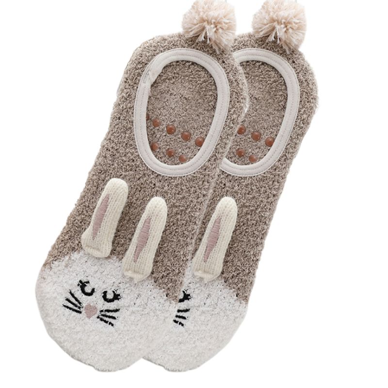 1 Pair Lady Winter Fuzzy Warm Slipper Floor Socks Cute Cartoon Animal Embroidery Coral Velvet Hosiery Footlet Sock Warmer: 3