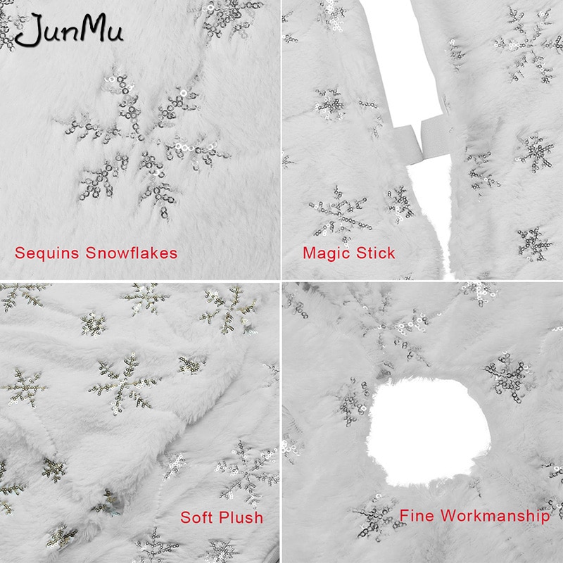 Sequin Christmas Tree Skirt Soft Plush Gold/Silver Snowflake Tree Mat White Faux Fur Party Decor 90cm/122cm