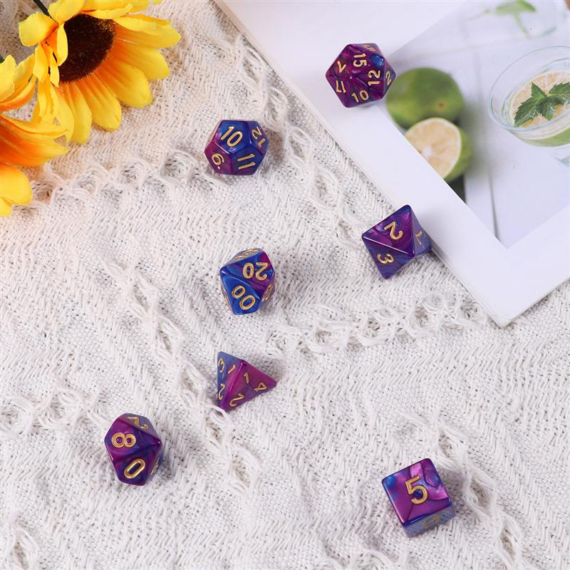 7pcs Polyhedral Dices Opaque Acrylic Number Game Purple and Blue Dice Set for Tile Games Table Game Playing