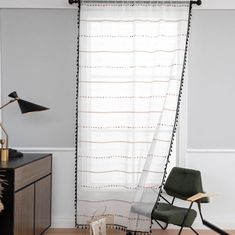 Rideaux coréens modernes, blanc uni, pampilles noires, pour salon, chambre à coucher, fenêtres, coton, lin, cuisine, prêt à l'emploi