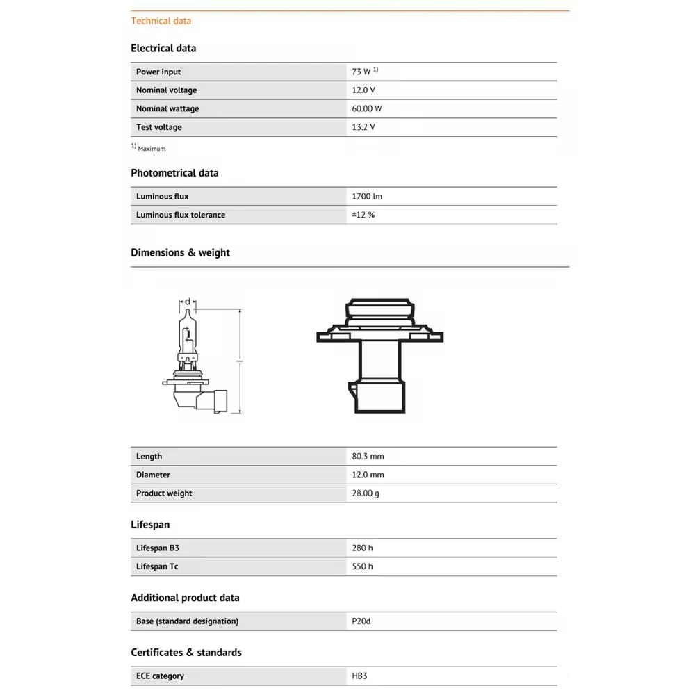 OSRAM 9005 HB3 12 V 60 W Halogenlampe 3200 K Standard-Autoscheinwerfer Original-Ersatz-Autolampe Lampe in OEM