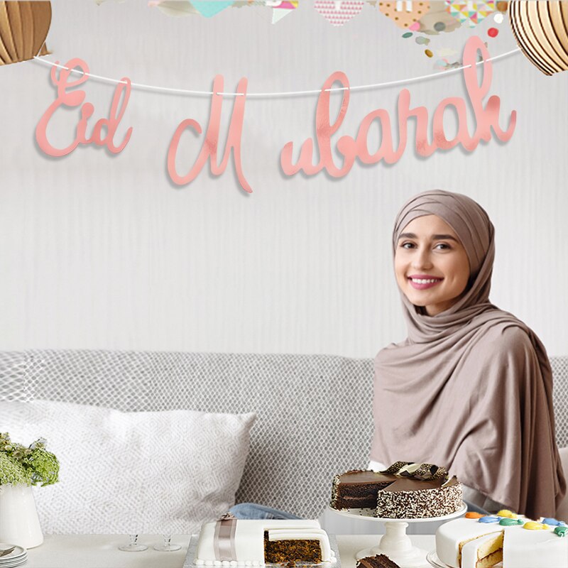 Banderole à paillettes EID MUBARAK, 1 lot, banderole en papier, lettres EID, banderole musulmane islamique Mubarak Ramadan, décoration de maison, fournitures de fête