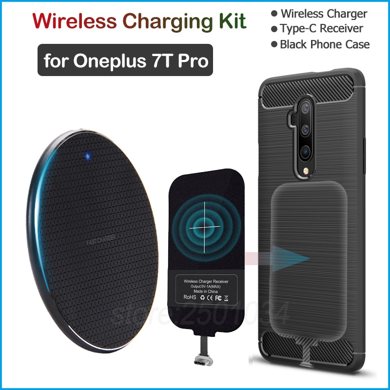 Draadloos Opladen Voor Oneplus 7T Pro Qi Draadloze Oplader + Usb Type C Ontvanger Adapter Zachte Tpu Case voor Oneplus 7T Pro