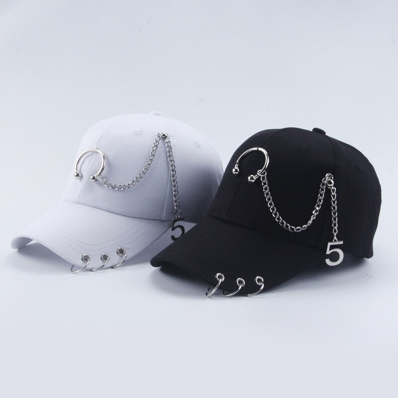 Adjustable Baseball Hat with Ring Outdoor Sports Sun Cap for Women Men Snapback Hat Chain Punk Hat Summer