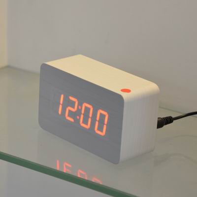 Fibisonic Houten Wekkers Met Thermometer, Geluidsregeling Hout Led Klokken, Digitale Bureau En Tafel Klok: white with red