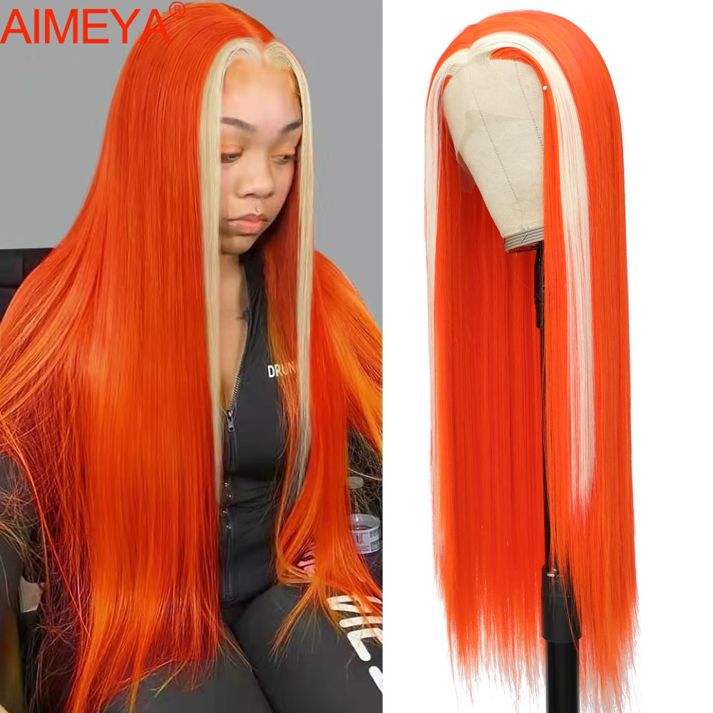 Peluca sintética ondulada con malla Frontal para mujer, cabellera sintética con malla Frontal, color rubio, naranja, jengibre, resalte Burg, Cosplay, 613: Mixed Orange / 28 pulgadas