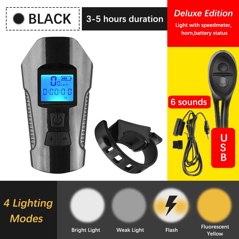 Waterproof Bicycle Light Computer Cycle Speedometer Lights USB Rechargeable Bike Front Light Flashlight LED Cycling HeadLight: black with meter