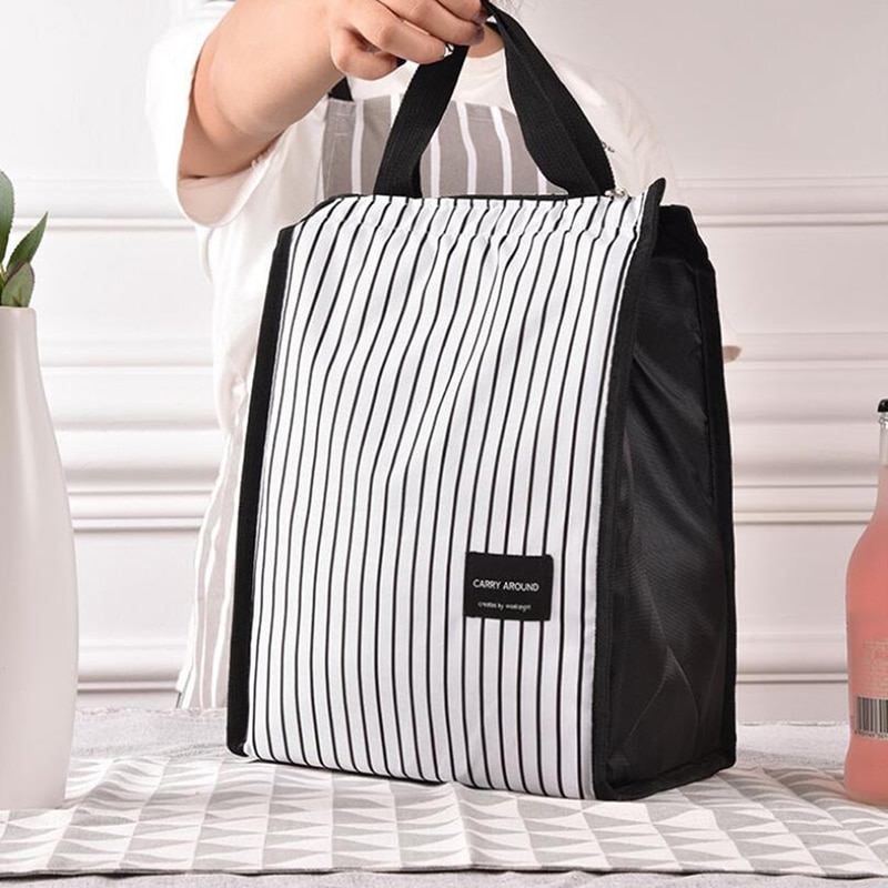 Sacs à déjeuner thermiques portatifs de rayures blanches noires pour des femmes enfants hommes nourriture pique-nique refroidisseur boîte sac fourre-tout isolé récipient de stockage