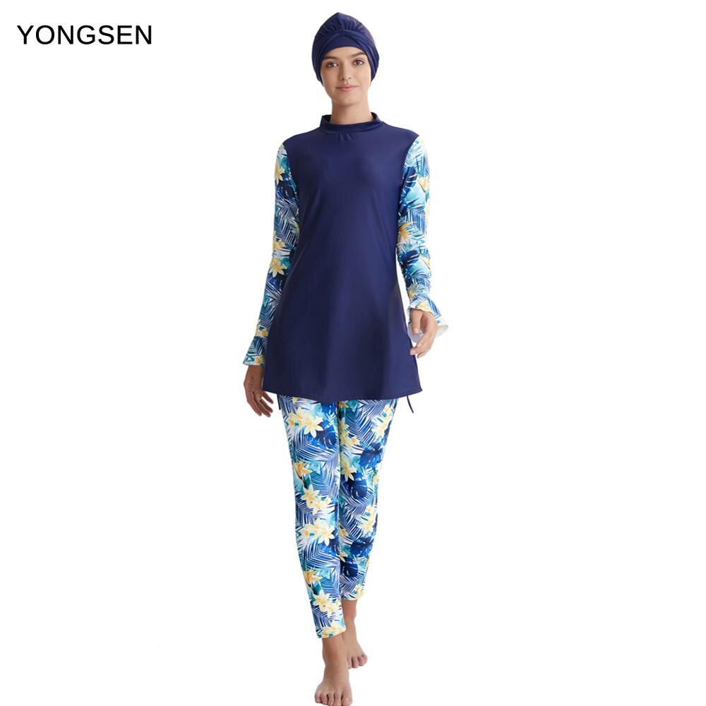 Yongsen plus størrelse burkinis badetøj trykt blomster beskedent muslim badedragt hijab kvinder muslimah islamisk sportstøj
