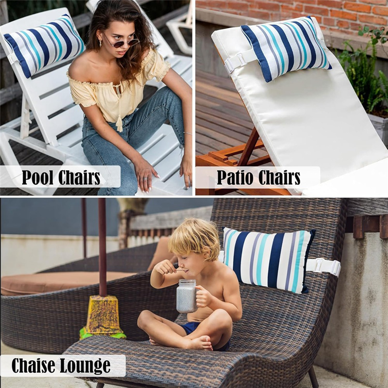 B78B-2 Stück Chaiselongue-Kopfkissen mit Riemen, wasserdichtes Nacken-Kopfstützenkissen für den Außenbereich mit verstellbarem Gummiband