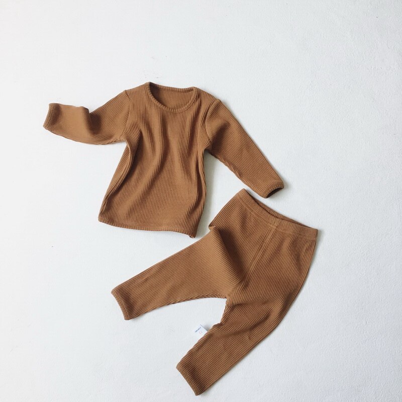 Autumn Winter Baby Pajamas Knitting Waffee Long Sleeve Cotton Girl Boy Overalls with Pants Baby Clothes: Caramel / 80cm(9-12Month)