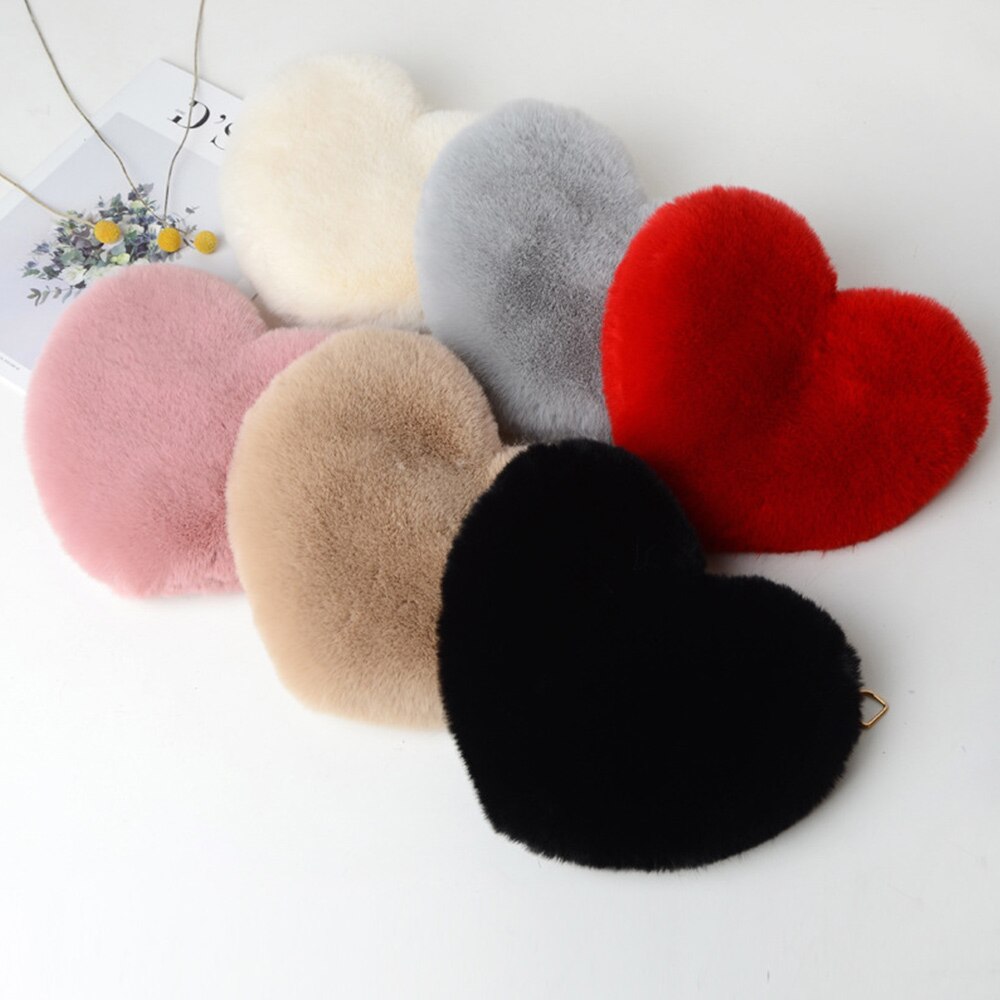 Women's Heart Shaped Handbags Cute Kawaii Faux Fur Crossbody Bags Wallet Purse Chain Shoulder Bag Lady Handbag Girl