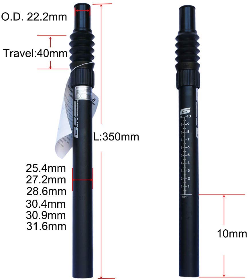 25.4mm 26.6mm 27.2mm 28.6mm 30.9mm 31.6mm 350mm mtb terrengsykkelfjæringe setepinne mtb støtdempende setepinne