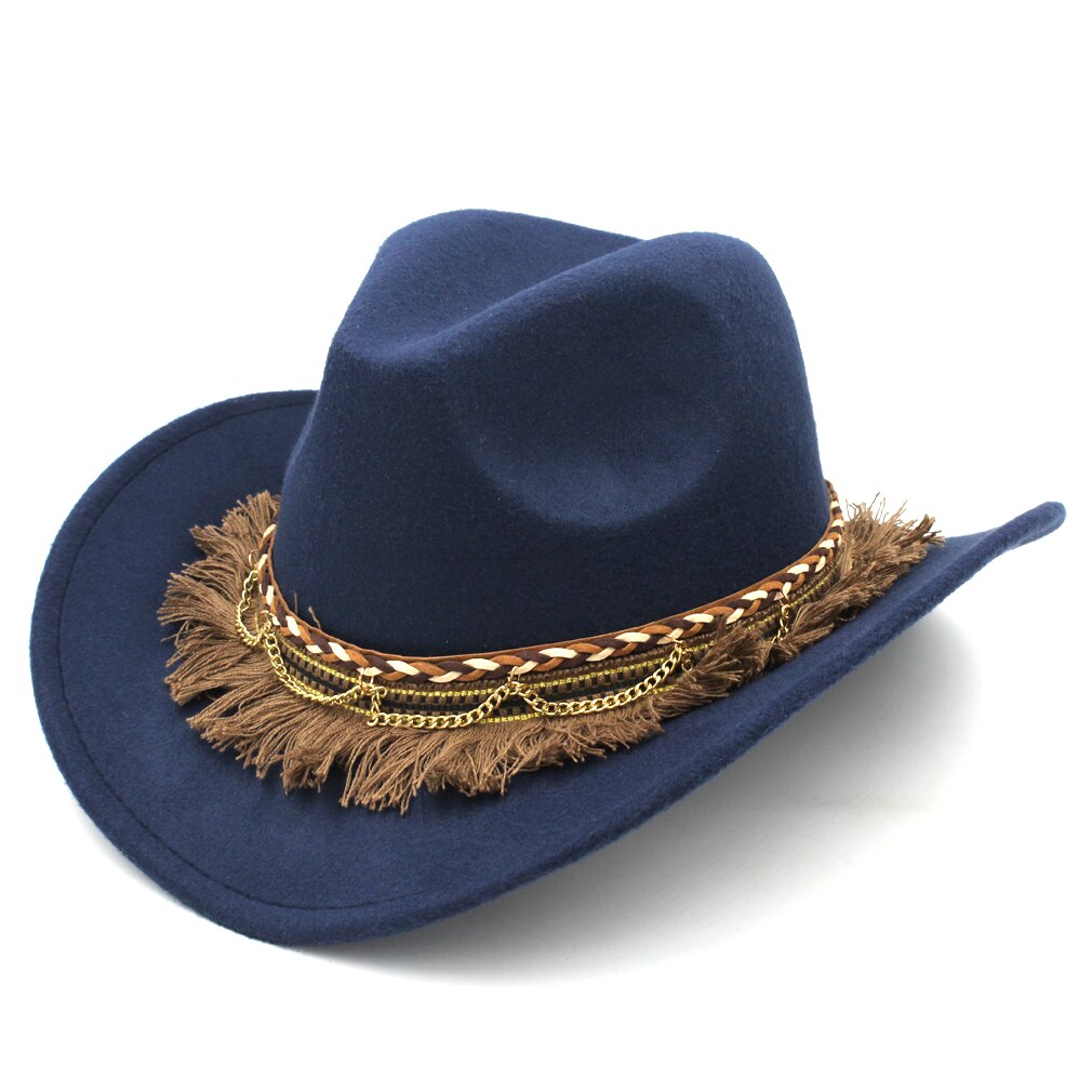 Mistdawn-sombrero vaquero occidental para mujer, gorra de disfraz de vaquera, visera ancha de lana, banda trenzada, talla 56-58cm, BBG