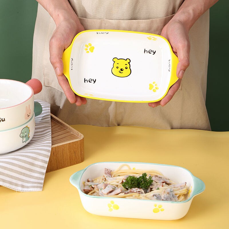 Plate Sets baked rice baking tray ceramic baking tray salad tray net red dish tableware oven tray cartoon cute baking
