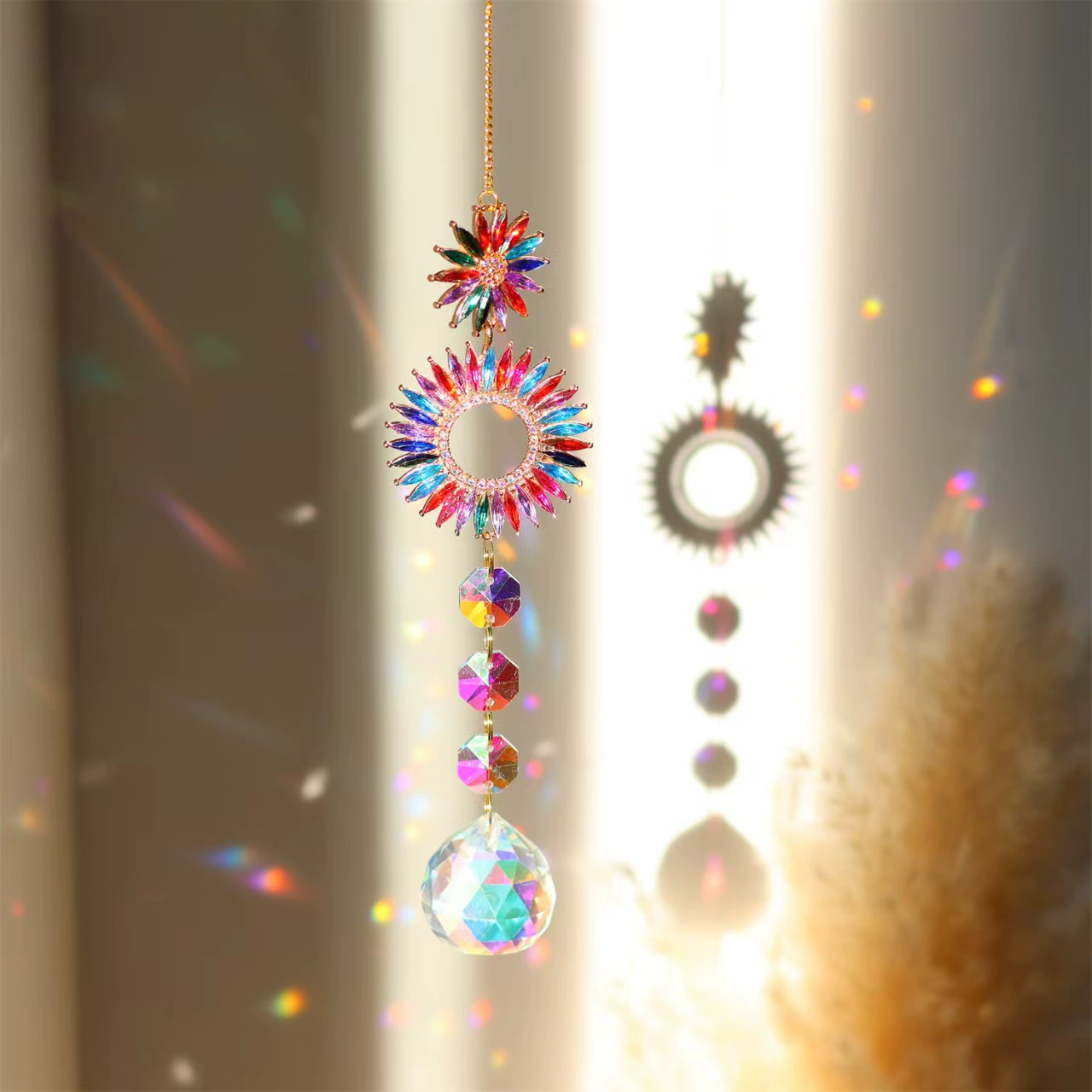 Crystal Diamond Moon Sun Catcher Butterfly Lotus Rainbow Christmas Decoration Home Garden Decoration Wind Chime: Red