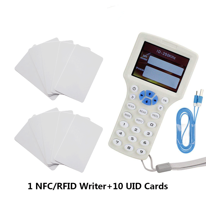 Lector de fotocopiadora de tarjetas RFID, duplicador escritor inglés, programador de frecuencia 10, ID de tarjetas IC + 5 uds. De tarjetas de identificación y llavero + 5 uds. De tarjetas UID: 08CD-10UIDC