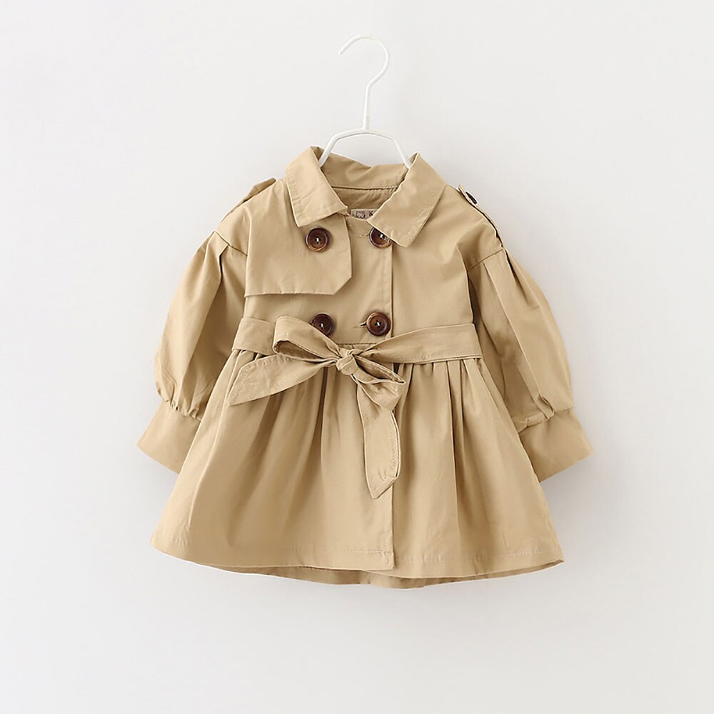 Kids Jas Kinderen Effen Kleur Double-Breasted Riem Windjack Meisje Jas Baby Kleding Uitloper Top Coat Trui: Khaki / 6