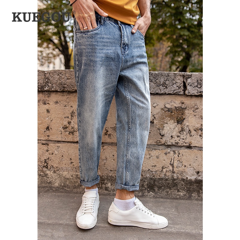 KUEGOU 100% Cotton Autumn Spring Loose Tapered jeans loose ankle-length Men Harem Pants Blue Trousers Plus Size KK-2903