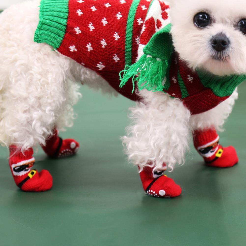 4Pcs Puppy Sokken Kerstman Anti-Slip Bodem Elastische Kleine Medium Honden Warme Poot Sokken Voor Kerst