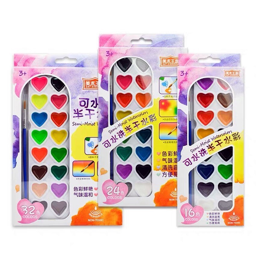 Pół-wilgotne akwarele zestaw z pędzlem kształt serca zmywalne pół suche akwarele dla dzieci 16 kolorów 24 kolory 32 kolory