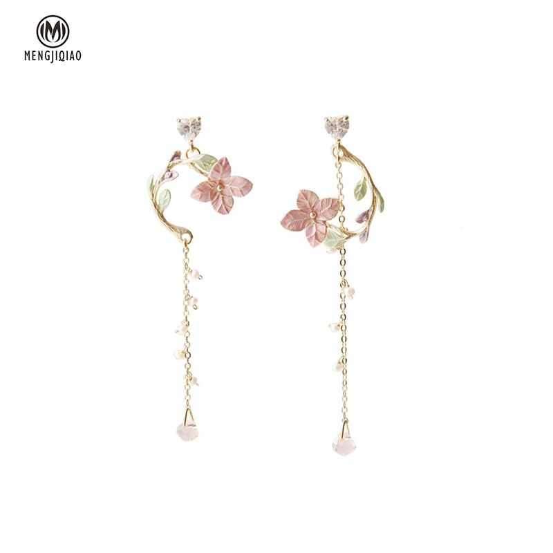 Mengjiqiao koreansk vintage metal pink blomst lang dingle øreringe til kvinder piger brincos temperament pendientes mujer smykker