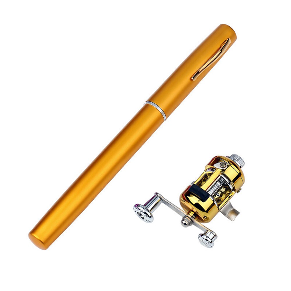 Mini caña de pescar telescópica con forma de bolígrafo, caña de pescar plegable con rueda de carrete, palo retráctil combinado, equipo de pesca al aire libre: Gold