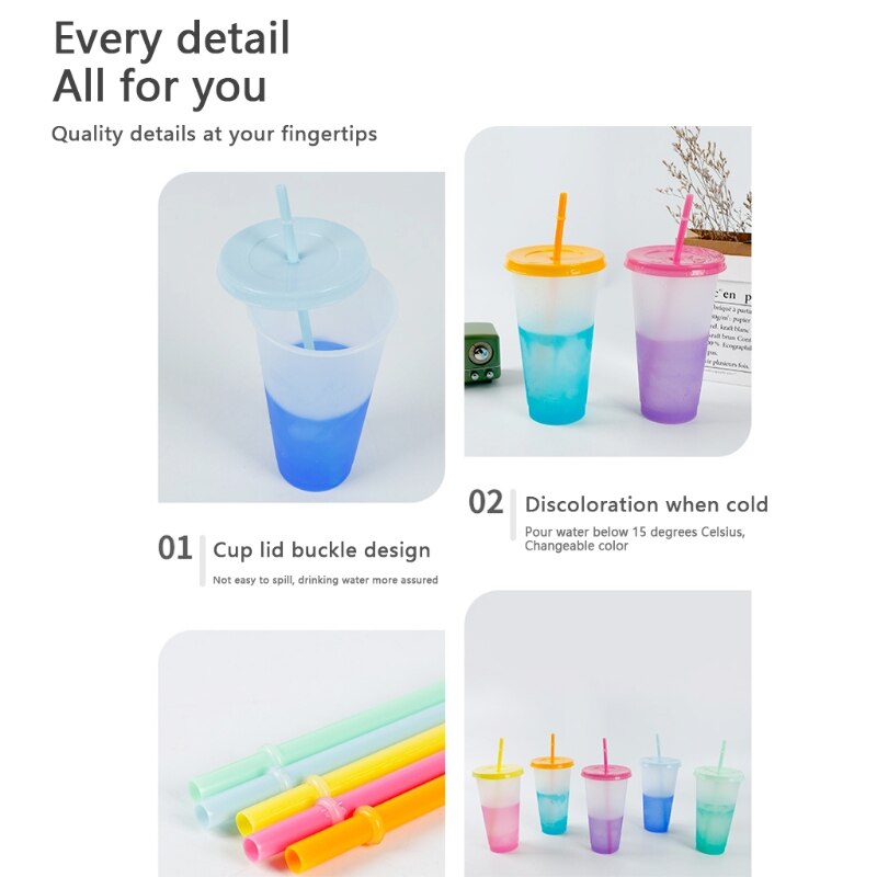 Color Changing Cups 5 Pieces with Lids and Straws Summer Coffee Tumblers Party Cups for Adults Plastic Material BPA Free