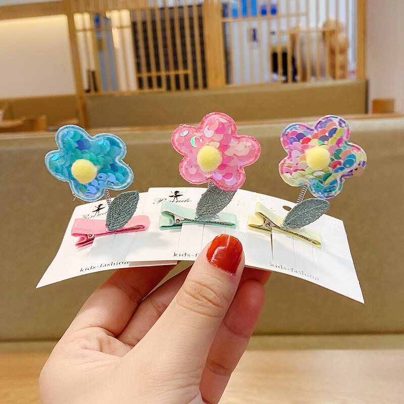 Children Cute Candy Spring Hairball Sequins Flower Ornament Hair Clips Girls Lovely Barrettes Hairpins Kids Hair Accessories