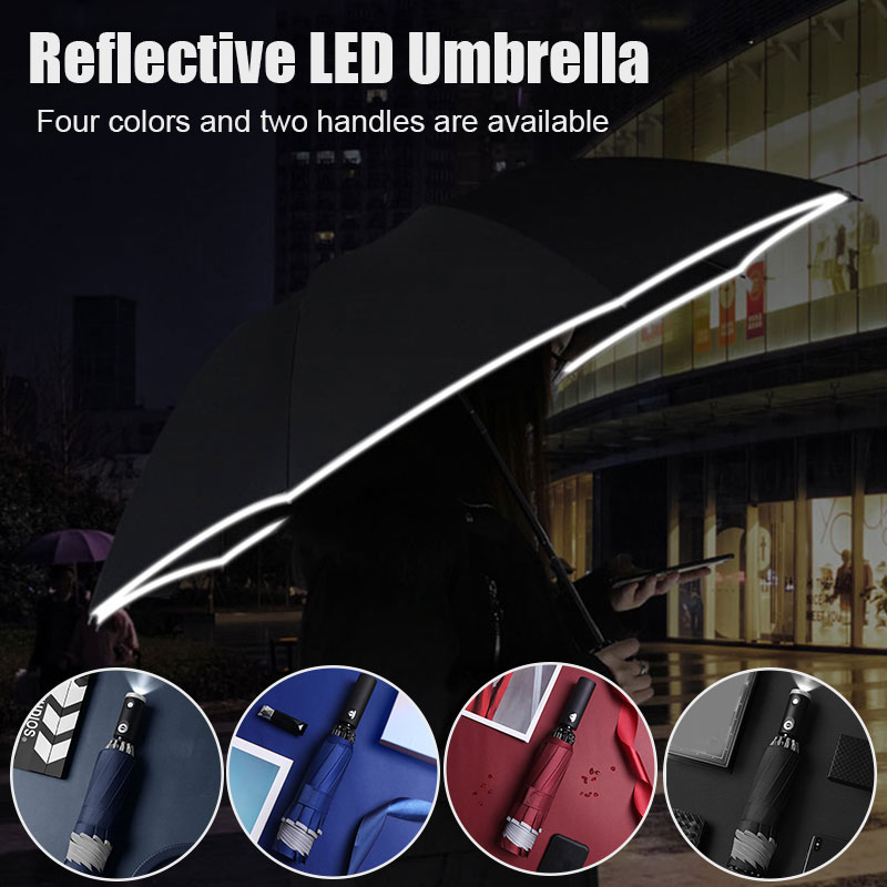 Led Omgekeerde Paraplu Met Reflecterende Streep Automatische 3-Voudige Paraplu