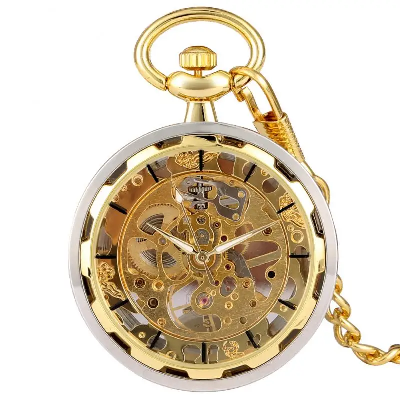 Bronzen mechanisch handopwindbaar zakhorloge voor heren dames Steampunk open gezicht gouden skelethok met hanger ketting cadeau