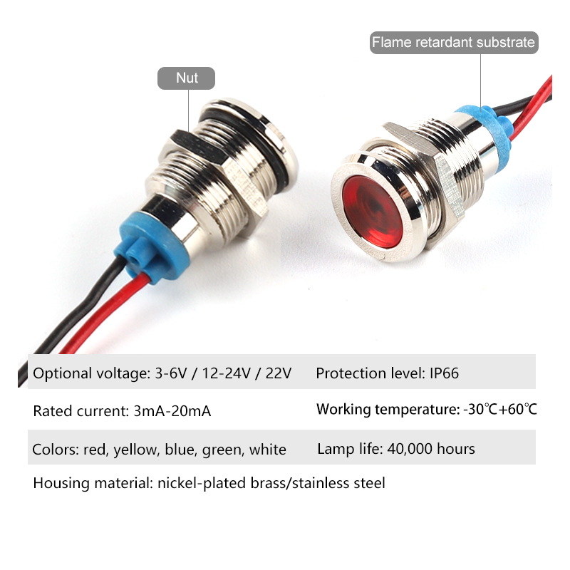22mm LED Metal Indicator light waterproof Warning Light Signal lamp with wire 3V 6V 12V 24V 110V 220V Red/Yellow/Blue/ Green/Wh