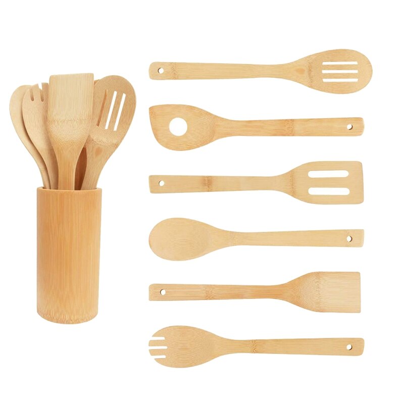 Bamboo Wooden Spoons & Spatulas Set-6 Pieces Kitchen Cooking Utensils and 1 Holder,Heat Resistant for Non Stick Cookware