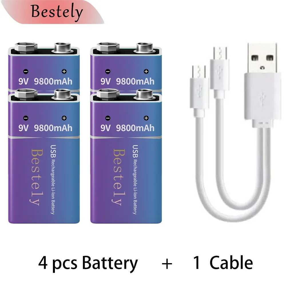 Nueva batería recargable de litio de 9V, 9800mAh, baterías de iones de litio de 9v de larga duración con Cable, para Detector de humo, alarmas, micrófono: Beige