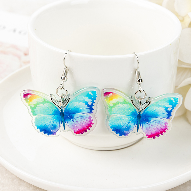 1 paire de boucles d'oreilles papillon mignon pour femme, dégradé acrylique, papillon coloré, goutte d'eau, d'anniversaire pour fille
