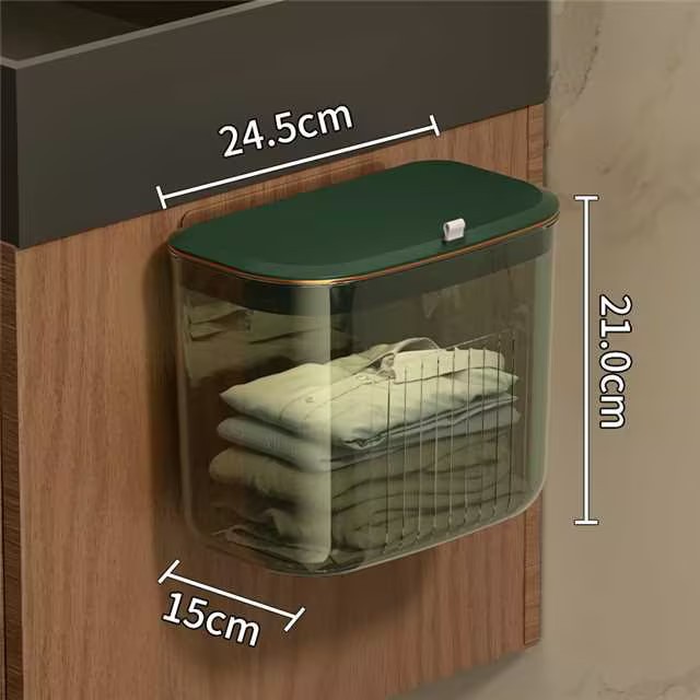 Luxe aan de muur gemonteerde wasmand, zonder boren, hangende mand voor vuile kleren met deksel voor badkamer/slaapkamer, transparante opbergbak: Blauw