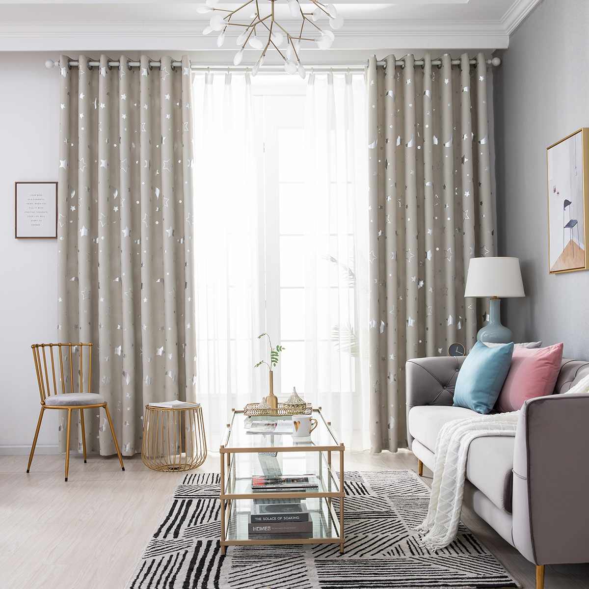 Shiny Silver Star Moon Blackout Curtains for Kids Child Bedroom Korean Style Window Voile Tulle Curtains for Living Room 1pc